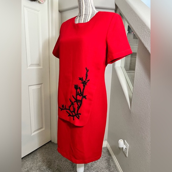 Oleg Cassini vintage red embroided short sleeve lined midi dress size 10 - Picture 6 of 9